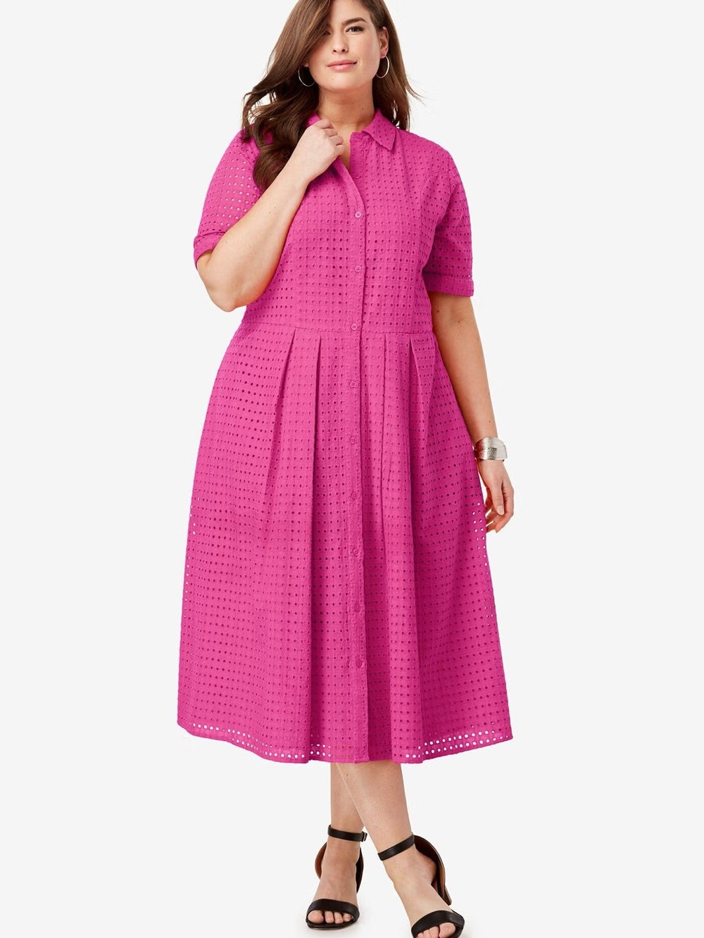 Jessica London Hot Pink Eyelet Midi Shirt Dress Summer Preppy Plus Size 28W